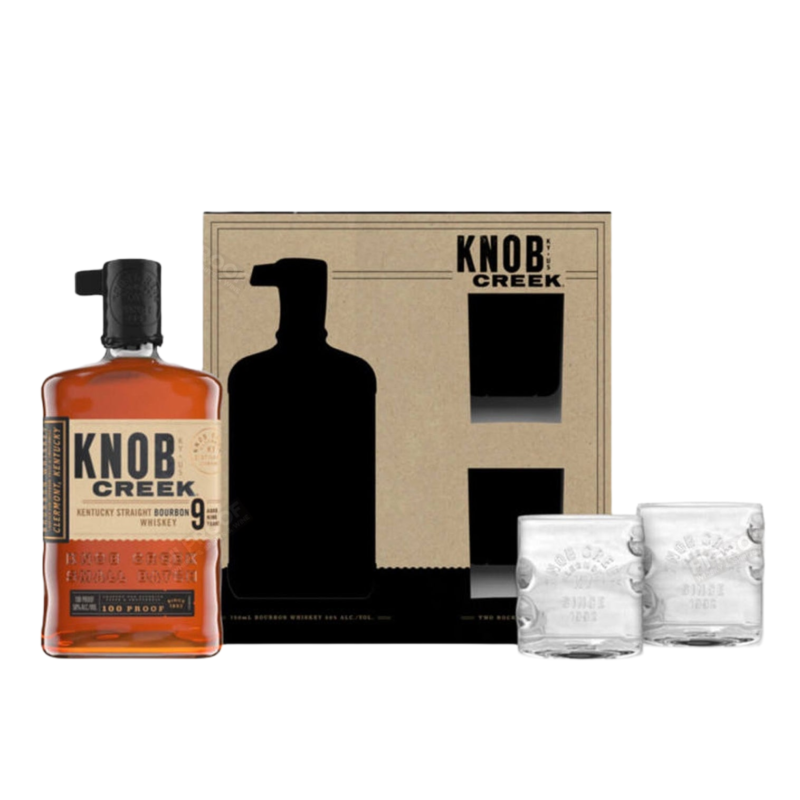 Knob Creek Kentucky Straight Bourbon Aged 9 Year 100 Proof with 2 Signature Glasses Gift Set