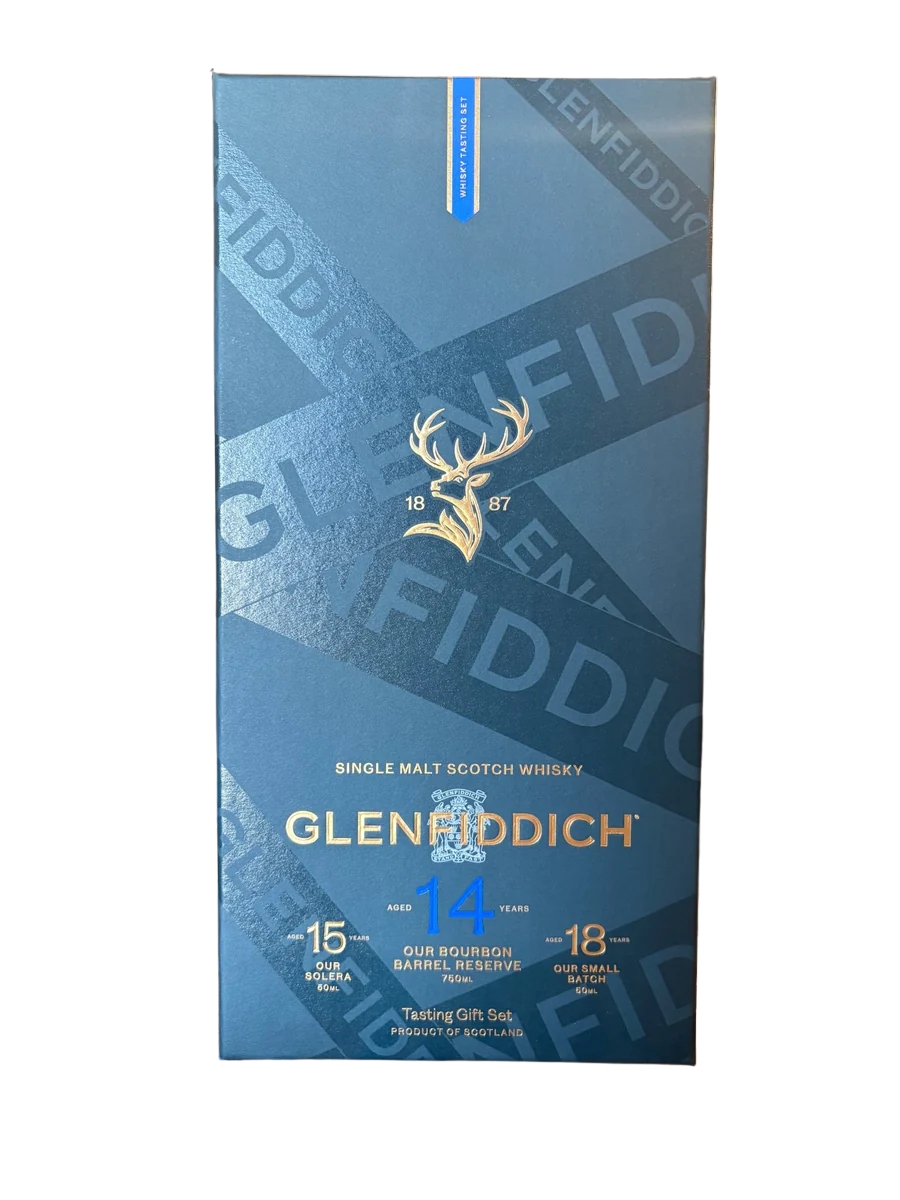 Glenfiddich Bourbon Barrel Reserve 14 Year Old Single Malt Scotch Whisky 750ml with 15 Year 50ml & 18 Year 50ml Gift Pack
